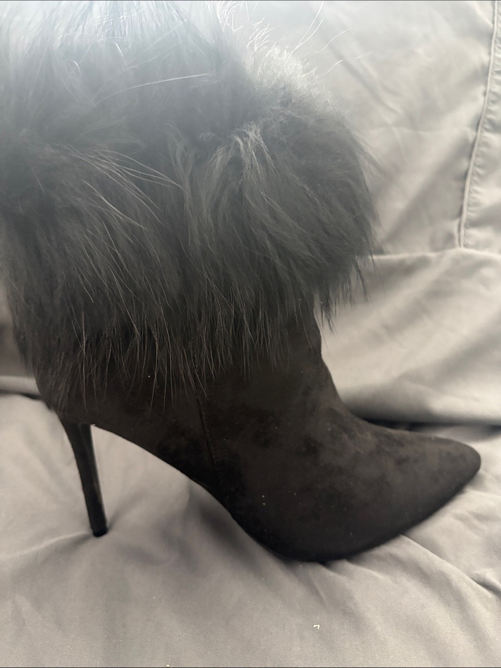 Fashion Nova Black Faux Fur Suede Stiletto Ankle Boots